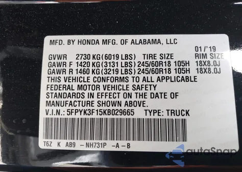 2019 Honda Ridgeline Sport from USA, damaged, VIN 5FPYK3F15KB029665